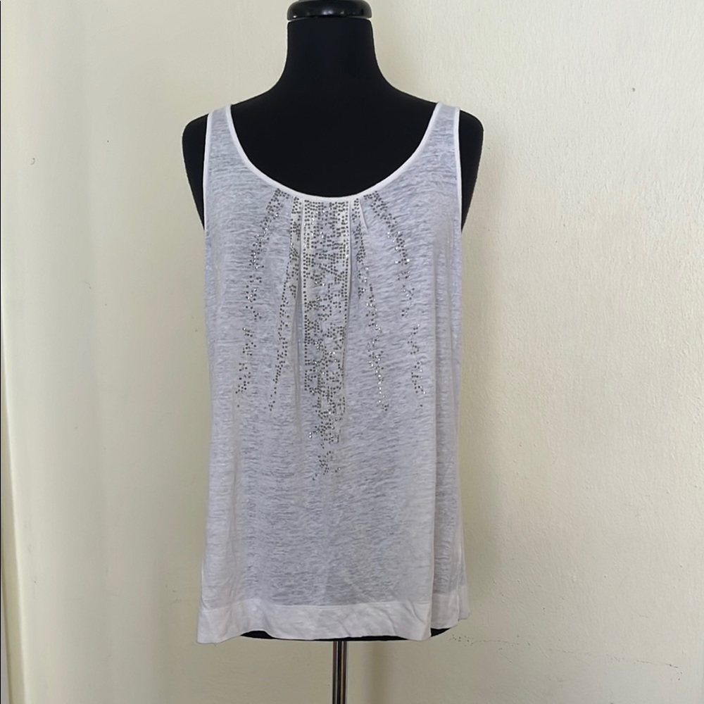 Eileen Fisher White Sleeveless Tank Top with Tiny Silver Beads, Large